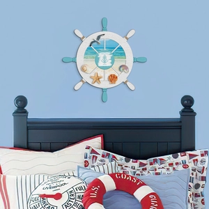 Mediterranean Style Wooden Ship Wheel Wall Decor Nautical Theme Ocean Hanging Ornament Starfish Shell Decoration Home
