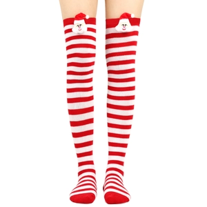 Detailed view of red and white striped Christmas over-knee socks with Santa Claus plush decor