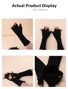 Close-up of black distressed knit fingerless arm warmers with frayed edge detail