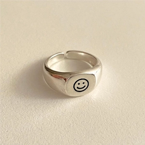 Minimalist S925 sterling silver open ring with a black engraved smiley face design