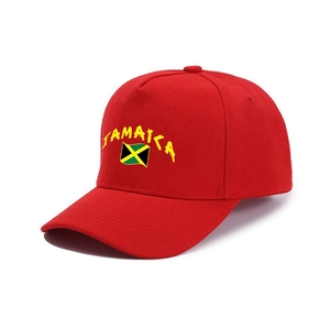 Red cotton baseball cap featuring a yellow Jamaica print and national flag detail