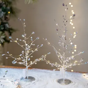 Silver Christmas Tree Ornament LED Glowing Acrylic Crystal Waterdrop Beads Desktop Holiday Party Decoration Modern
