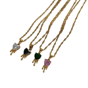 Golden stainless steel heart jewelry set with dripping zircon pendants in four colors