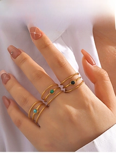 Detailed view of 18K gold plated stainless steel ring set with round turquoise gemstone