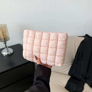 Women Quilted Pouch Clutch Bag Soft Padded Cotton Nylon Square Grid Pattern Fashion Daily Makeup Organizer Cosmetic Bag Zipper