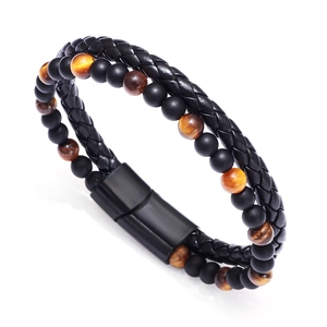 Bracciale da uomo a doppio strato in pelle intrecciata con pietre occhio di tigre e chiusura