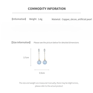 Detailed size specifications for pearl zircon earrings with 3.7cm length and 0.9cm diameter
