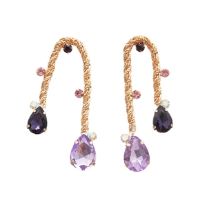 Vintage gold twisted rope drop earrings with purple waterdrop gems and colorful rhinestones