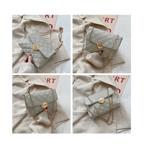 Detailed four-way view of a light gray quilted shoulder bag with gold chain and twist lock