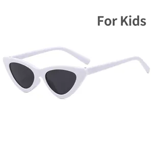 White cat-eye triangle sunglasses for kids with dark UV protection lenses on white background