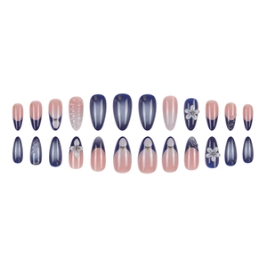 Blue and pink almond fake nails with 3D white flower petals and gold foil accents