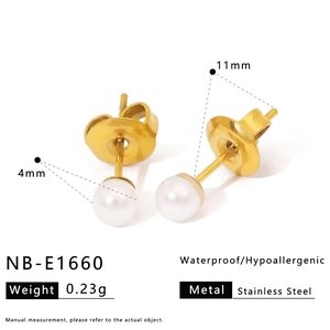 Minimalist 304 stainless steel gold-plated stud earrings with 4mm pearls and 11mm length