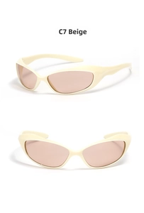 Detail of beige Y2K futuristic wrap sunglasses with tinted lenses and sleek frame design