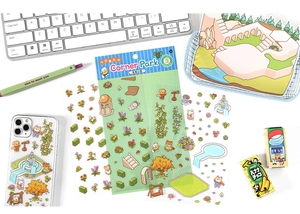 3D miniature garden stickers with fountain and ladder patterns on a green phone case