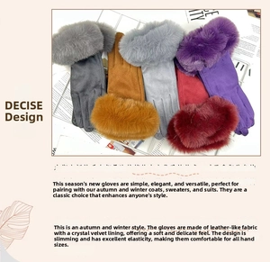 Detail showing plush faux fur cuff and suede fabric of five-finger winter gloves