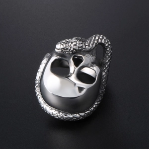 Gothic skull and snake ring for men in polished silver stainless steel finish