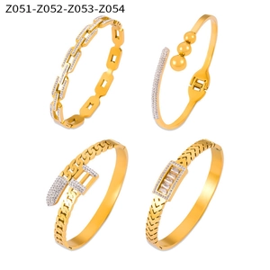 Detailed views of four distinct gold-plated titanium steel bracelets with zircon inlay