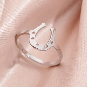 Bague fer à cheval minimaliste en acier inoxydable argenté sur fond de soie rose