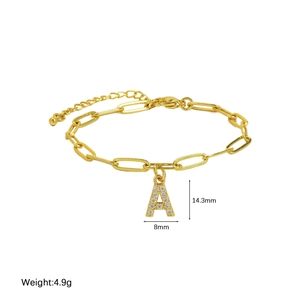 18k gold plated brass paperclip chain bracelet with a sparkling crystal letter A pendant