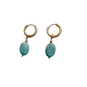 French retro gold hoop earrings with oval turquoise stone and black marble pattern