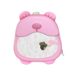 Pink hardshell toddler backpack with plant print, cute ears, and acorn charm accessory