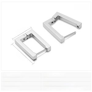 Detail showing rectangular stainless steel earrings with dimensions 17mm x 13mm