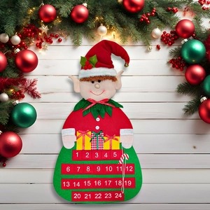 Felt Christmas Elf advent calendar with 24 date pockets on a festive wooden backdrop