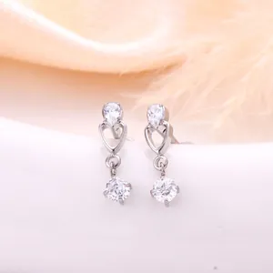 Silver titanium teardrop earrings with hollow heart link and round zircon pendant