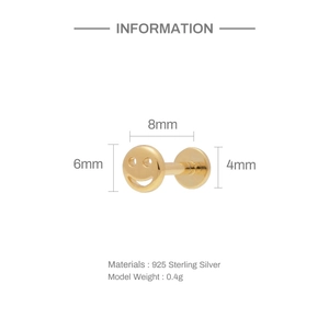 Detailed size chart of S925 sterling silver smiley face earring with 6mm and 8mm dimensions