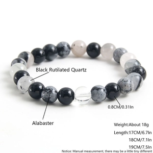 Black Rutilated Quartz And Alabaster Beaded Bracelet Round Natural Stone Elastic Rope Trendy Personality For Men Women