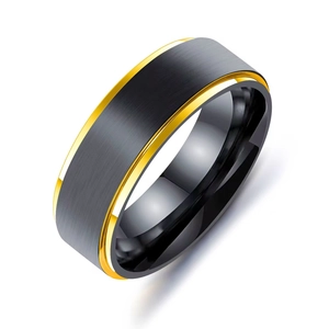 Classic black brushed titanium steel ring with gold edges for men and couples