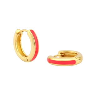 Detail view of gold-plated hoop earrings with vibrant red enamel and snap closure