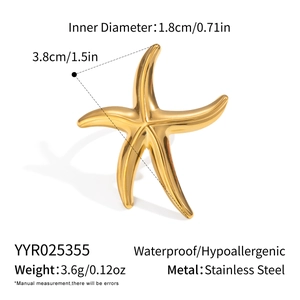 Detailed size specifications of the gold stainless steel starfish ring with measurements