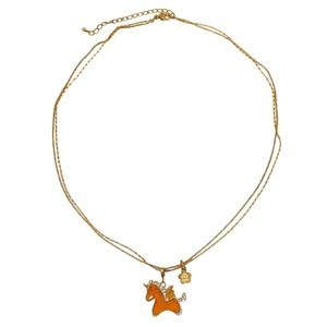Collier double épaisseur plaqué or 18 carats avec pendentifs licorne orange et fleur