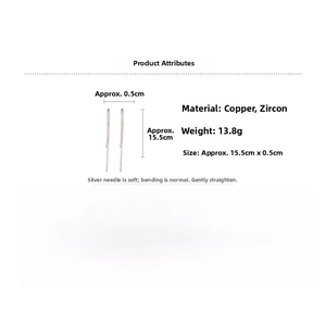 Detail view of long tassel cubic zirconia earrings with size and material specifications