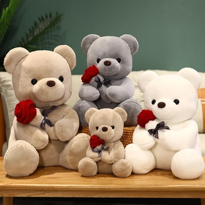 Teddy Bear Plush Toy Soft Stuffed Animal Holding Red Rose For Valentine Birthday Gift Romantic Cute Home Decor
