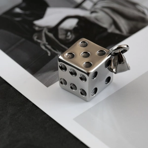 Minimalist stainless steel dice pendant necklace with silver star pattern on fashion poster
