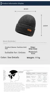 Detailed size chart for winter knit hats with head circumference guide and hat dimensions
