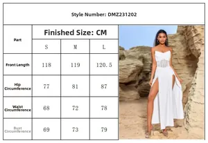 Size chart detail for white backless slit dress with chest and waist measurements