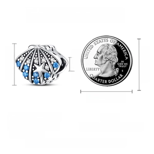 Detailed size specifications of silver shell charm with cubic zirconia and coin reference
