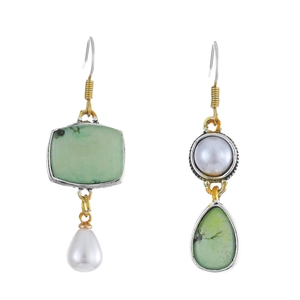 Asymmetric geometric earrings with green textured stone and white pearls in silver setting