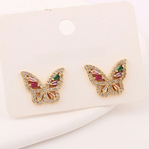 Colorful butterfly stud earrings with sparkling cubic zirconia on a jewelry display card