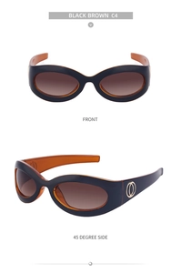 Front and side view of Y2K cycling sunglasses with black frames and orange temples