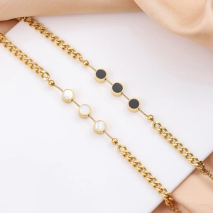 Stainless Steel Bracelet Women Gold Plated Circular Discs Black White Inlay Elegant Minimalist Geometric Jewelry Accessory