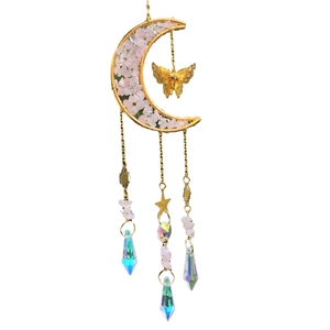Golden metal moon suncatcher with pink crystals, butterfly charm and hanging prisms