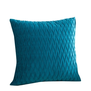 Textured blue velvet square throw pillow cover with elegant pleated geometric patterns
