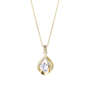 Minimalist gold teardrop necklace with sparkling round zircon stone on a white background