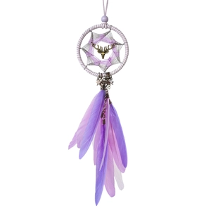 Purple dreamcatcher car hanging ornament with feathers and a metal deer head charm