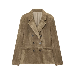 Blazer doppiopetto da donna in pelle scamosciata verde oliva con revers classici