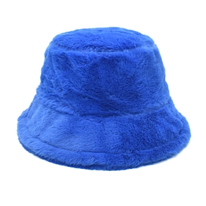 Detailed close-up showing the soft plush texture of the royal blue faux mink bucket hat